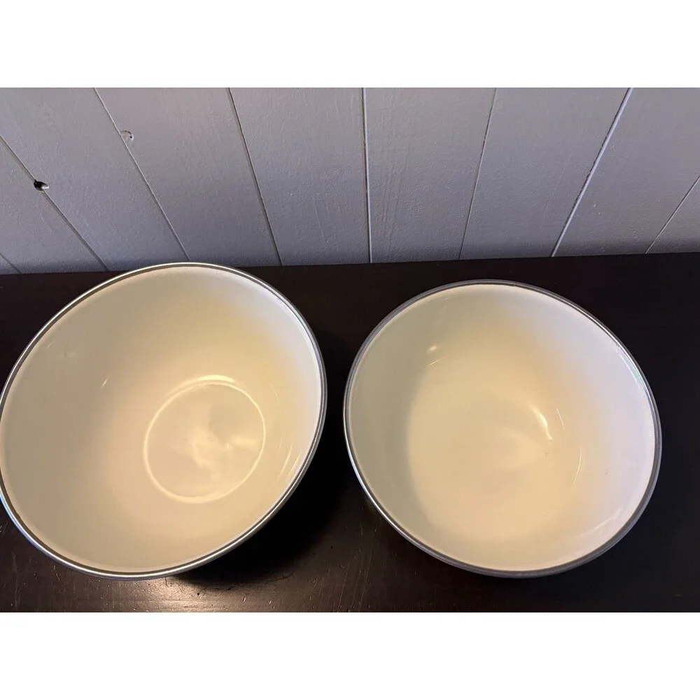 Vintage Enamel Mixing Bowls Set of 2 Striped Yellow Orange Brown 8